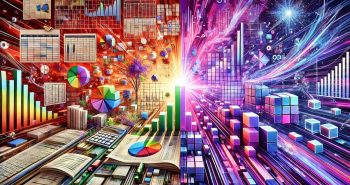 Visual comparison of Odoo ERP vs Excel spreadsheet for business process management, abstract futuristic style with vibrant purple and white theme, symbolizing automation and efficiency