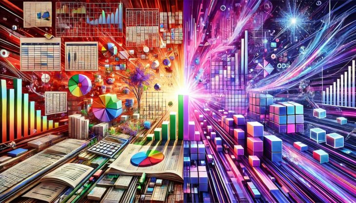Visual comparison of Odoo ERP vs Excel spreadsheet for business process management, abstract futuristic style with vibrant purple and white theme, symbolizing automation and efficiency